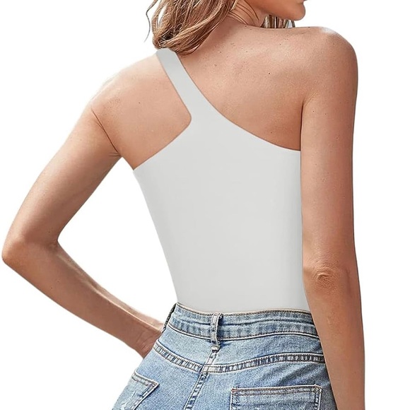 REORIA One Shoulder Sleeveless Backless Double Lined Thong Tank Top Bodysuits - Picture 3 of 5